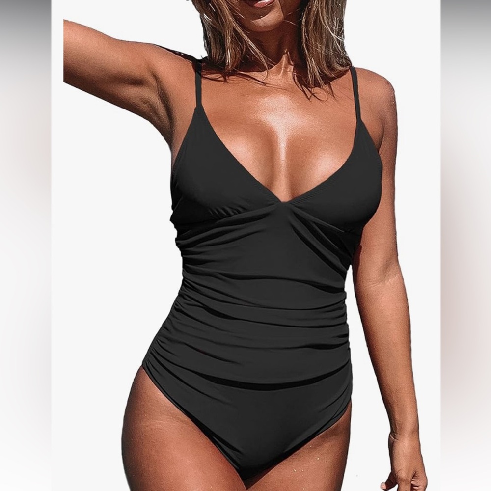 CUPSHE‎ Black One Piece V Neck Adjustable Straps Shirring Tummy Control Swimsuit